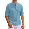 Men's casual light blue waffle knit henley shirt featuring a stand collar design - Blue