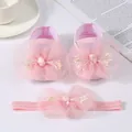Lovely pink baby princess shoes and headband gift set with large decorative tulle flowers - Infant Princess Shoes Set / Size 11 (Inner 10.5cm) / Pink
