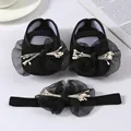 Cute black baby princess shoes and headband set with lace bow for formal occasions - Infant Princess Shoes Set / Size 11 (Inner 10.5cm) / Black