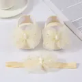 Detail shot of infant princess shoes and matching headband set with mesh flower bow - Infant Princess Shoes Set / Size 11 (Inner 10.5cm) / Creamy Yellow