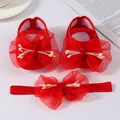Elegant red baby princess shoes and matching headband set featuring large mesh bows and floral accents - Infant Princess Shoes Set / Size 11 (Inner 10.5cm) / Red