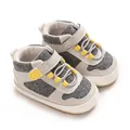 Grey and cream baby walking shoes with yellow accents and soft soles for baby boys - Gray