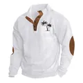 Front detail of men's white ribbed corduroy sweatshirt with palm tree print - S / Tops / White Black Flower