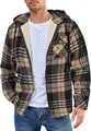 Men's brown plaid flannel hooded jacket featuring a warm fleece lining and zipper - S / Tops / Black and Khaki Plaid