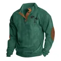 Detailed view of green ribbed corduroy sweatshirt with palm tree print and elbow patches - S / Tops / Fruit Green with Black Pattern