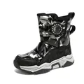 Warm fleece-lined winter snow boots for kids with a black and silver graffiti pattern design - 30 / Black and White