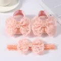 Pink baby princess shoes and lace bow headband set featuring elegant pearl details - Size 11 (Inner Length 10.5cm) / Princess Shoes Headband Set / Ivory