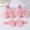 Infant pink lace bow shoes and matching headband set for baby girl princess outfit - Size 11 (Inner Length 10.5cm) / Princess Shoes Headband Set / Pink