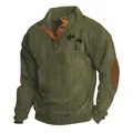 Detail of men's olive corduroy sweatshirt featuring chest palm tree print and elbow patches - Army Green with Black Pattern