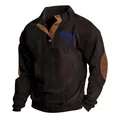 Detailed view of brown corduroy sweatshirt featuring blue palm tree embroidery - Brown Blue Pattern