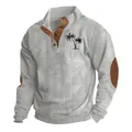 Men's casual ribbed corduroy sweatshirt featuring a stand collar and palm tree chest print - Light Grey Black Floral