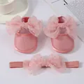 Zapatos de princesa rosa para bebé y conjunto de diadema con lazos de tul suaves - Korean Pink (Polka Dot Bow)
