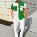 Men's casual green and white color-block corduroy short-sleeve shirt and pants set outfit. - S / Top And Bottom / Grass Green Shirt & White Pants