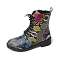 Vibrant colorful snakeskin print flat Martin ankle boots with lace-up and side zipper. - 35 / Snake Print