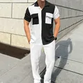Herren Zweiteiler Set aus Cord Kurzarmhemd mit Blockfarben und langer weißer Hose - S / Oberteil und Unterteil / Schwarzes Oberteil Weiße Hose