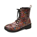 Vibrant paisley print western-style lace-up Martin boots with a comfortable flat sole - 35 / Red