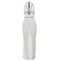 Fashionable white knitted halter dress with black contrast trim and deep V-neckline detail - White