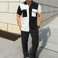Stylish men's two-tone color-block corduroy short sleeve shirt and black pants set - S / Top And Bottom / Black Top And Black Bottom