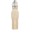 Elegant cream knit halter maxi dress with black contrast trim and deep V-neckline design - Khaki