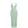Elegant sage green knitted halter neck maxi dress with deep V-neck and white piping - Green
