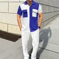 Men's two-piece corduroy set featuring blue and white color-block short sleeve shirt - S / Top And Bottom / Royal Blue