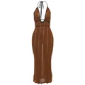 Brown knitted halter maxi dress with a deep V-neckline and elegant black trim detailing - Brown