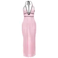 Elegant pink crochet halter maxi dress with black trim and sexy lace-up backless design - Pink