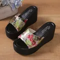 Macro view of floral print straps on platform wedge sandals with black sole - 36 / Color 1
