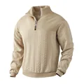 Close-up of vintage beige knit sweater featuring half-zip stand collar and cable knit patterns. - S / Tops / Khaki