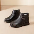Schwarze Leder-Winterstiefeletten mit Blumenmuster und rutschfester Sohle für Damen - 38 / Schwarz