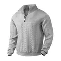 Stilvoller grauer Herren-Sweatshirt mit halbem Reißverschluss und Jacquard-Zopfmuster - Hellgrau