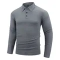 Detailed shot of grey long-sleeved polo shirt with textured jacquard pattern - Light Gray