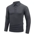 Detail shot of men's long-sleeve polo shirt with jacquard texture in charcoal - Dark Gray