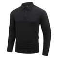 Detail view of men's black long-sleeved polo shirt featuring a textured waffle knit fabric - S / Tops / Black