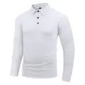 Detailed view of a men's white long sleeve polo shirt with textured jacquard pattern. - S / Tops / White