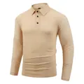 Detailed macro view showing the textured jacquard plaid of the men's beige polo shirt - Khaki