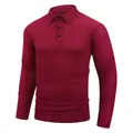 Close-up detail of burgundy men's long sleeve polo shirt with waffle jacquard texture - S / Tops / Burgundy