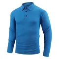 Close-up of blue long-sleeved polo shirt with detailed jacquard grid texture and buttons - S / Tops / Sky Blue