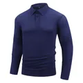 Close-up of navy blue long-sleeved men's polo shirt with textured jacquard waffle pattern - Navy Blue