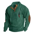 Detail of green corduroy men's sweatshirt featuring a vintage cross and flag print. - S / Tops / Fruit Green