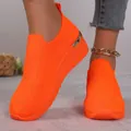 Bright neon orange knit slip-on casual walking sneakers featuring elegant gold heel detail - 37 / Orange Red