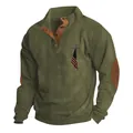 Men's green corduroy sweatshirt with stand-up collar and American flag cross print - S / Tops / Army Green