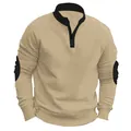 Detailweergave van herensweatshirt in kaki met zwarte opstaande kraag en contrasterende elleboogstukken - Khaki