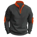 Gedetailleerd overzicht van grijze herensweatshirt met oranje rits en elleboogstukken - donkergrijs