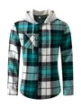 Detail van een geruit flanellen shirt met capuchon in blauwgroen en wit met trekkoord. - Pauwgroen