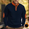 Men's navy half-zip sweatshirt with orange elbow patches and warm fleece lining detail - S / Navy Blue