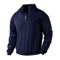 Detailed view of the navy blue quarter-zip pullover featuring mixed knit textures - S / Tops / Navy Blue