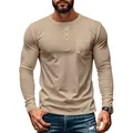 Detailed view of men's slim fit khaki long sleeve Henley shirt featuring a chest pocket - Khaki