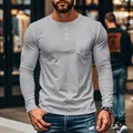 Men's slim fit grey long sleeve Henley T-shirt with front pocket and buttons - Light Gray