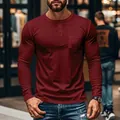 Slim fit men's burgundy long sleeve henley shirt with pocket detail and buttons - Wine Red